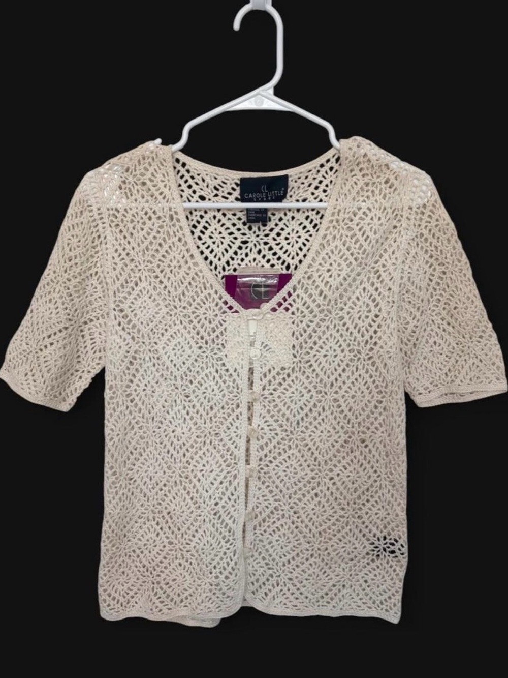 NWT Vintage Carole Little Button Down Crochet Knit Short‎ Sleeve Cardigan Medium